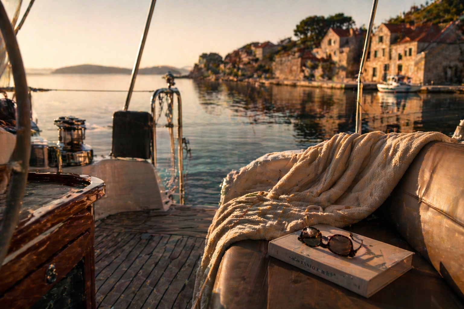 Peaceful morning on a yacht deck in September, featuring golden sunlight and calm seas in a quiet Croatian bay.