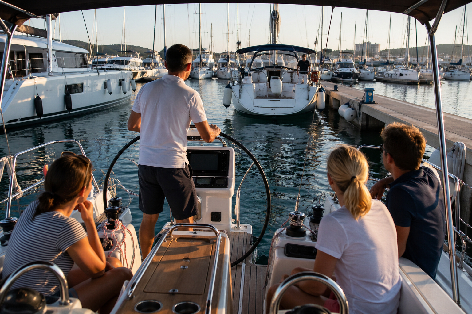 Skipper docking a yacht in a Croatian marina while guests observe