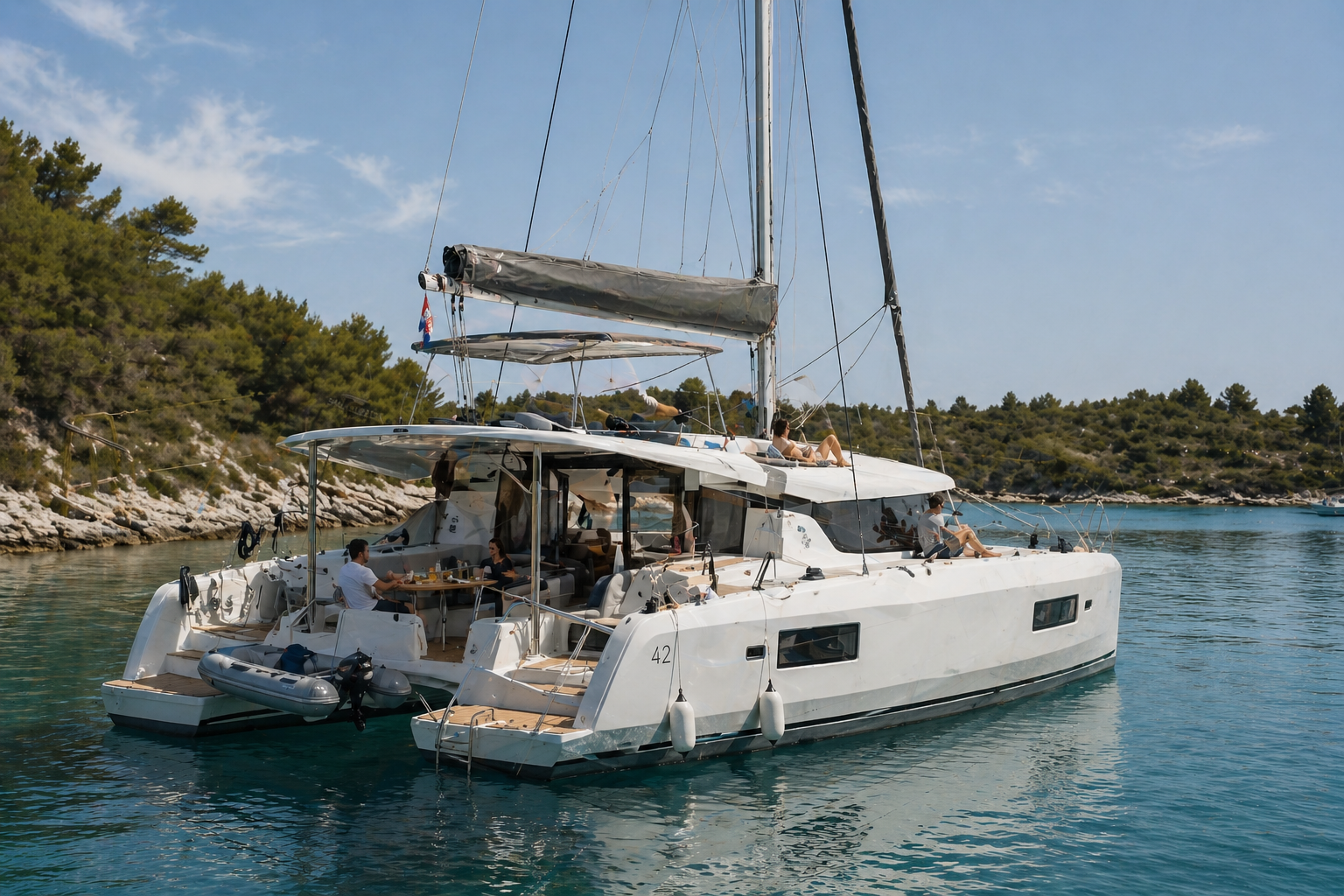 Catamaran anchored in a calm Croatian bay with guests relaxing onboard