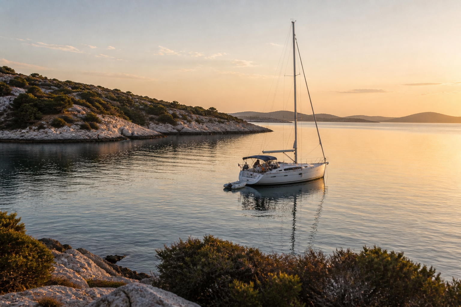 Yacht anchored in a calm Croatian bay during sunset