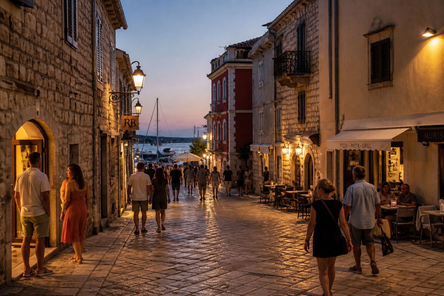 Evening atmosphere in a Croatian coastal town with stone buildings