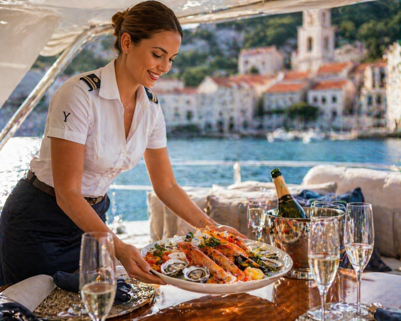 Professional crew serving fresh Mediterranean food on a motor yacht, representing A.P.A. and inclusive services.