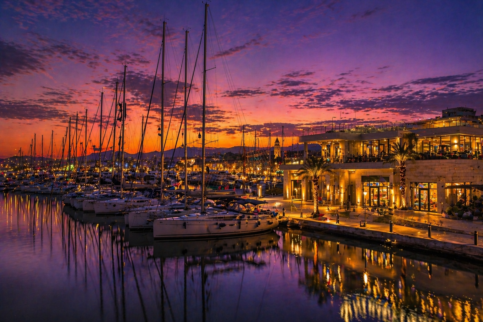 Evening view of  a Croatian Marina at sunset, showcasing the home port and predictable docking logistics in Croatia.