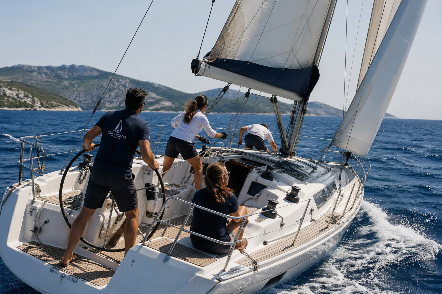 Sailing boat underway in Croatia with crew actively engaged in sailing