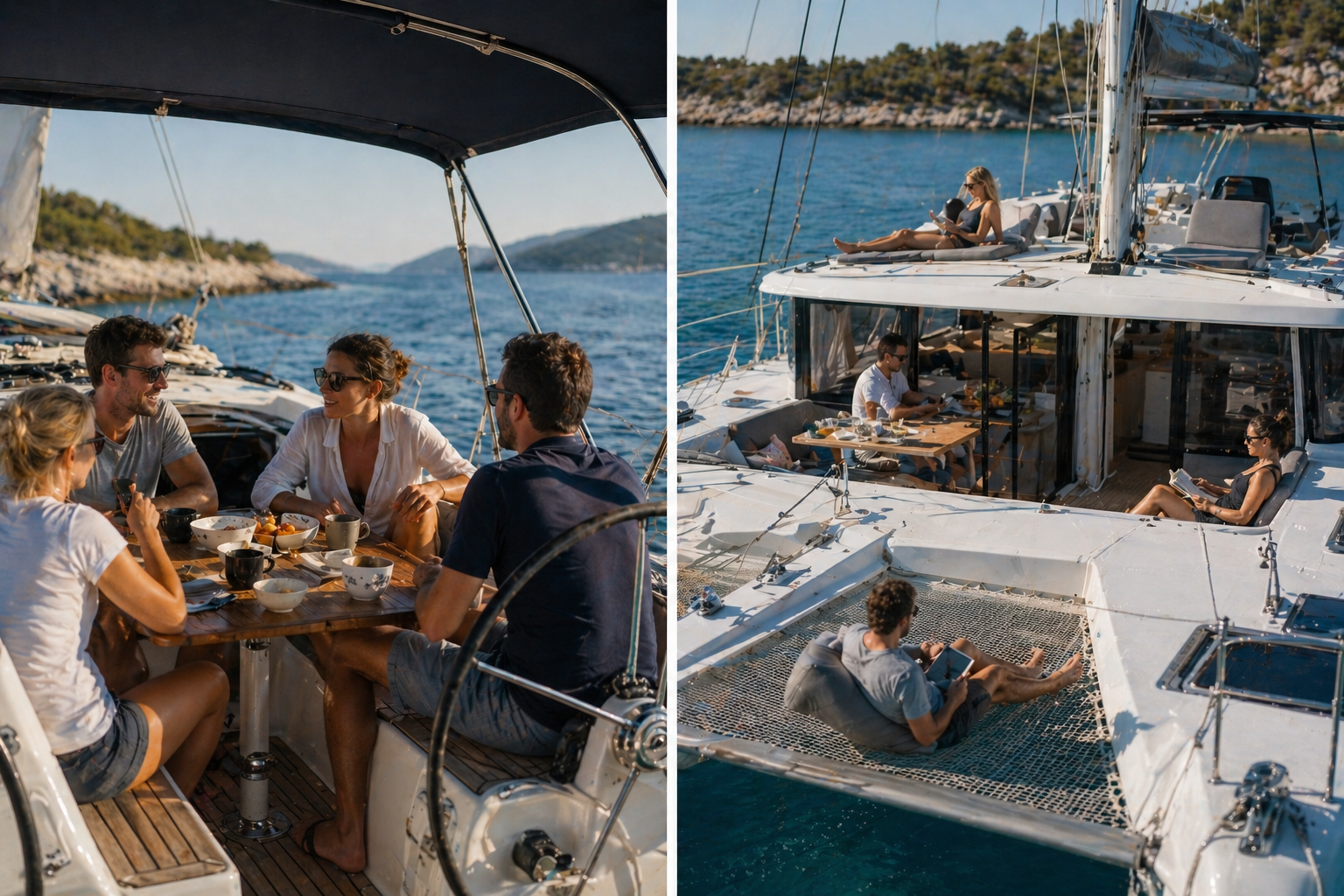 Comparison of group space on sailing yacht and catamaran showing close and open layouts
