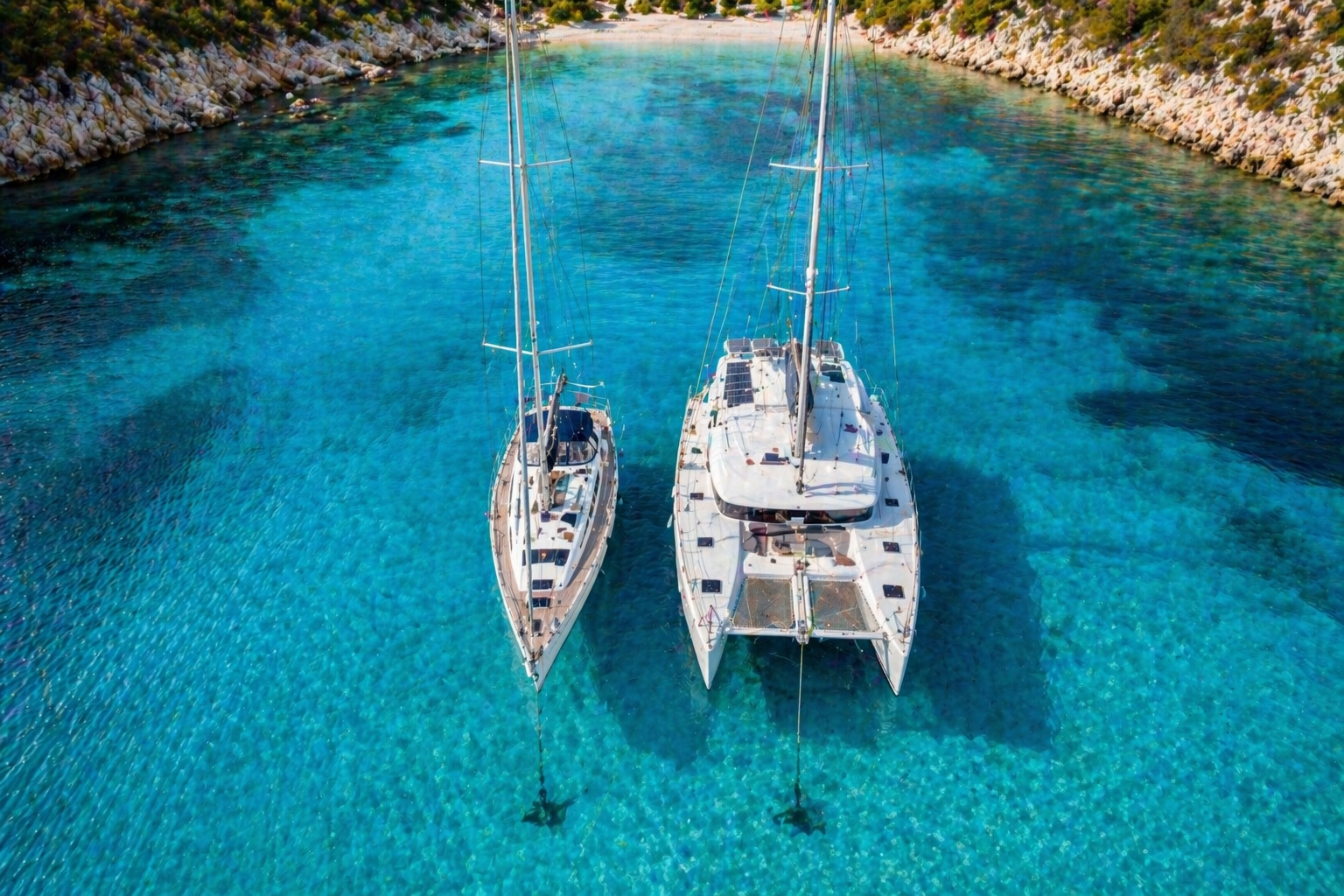 Sailing yacht and catamaran anchored in a clear lagoon, illustrating different charter cost structures.