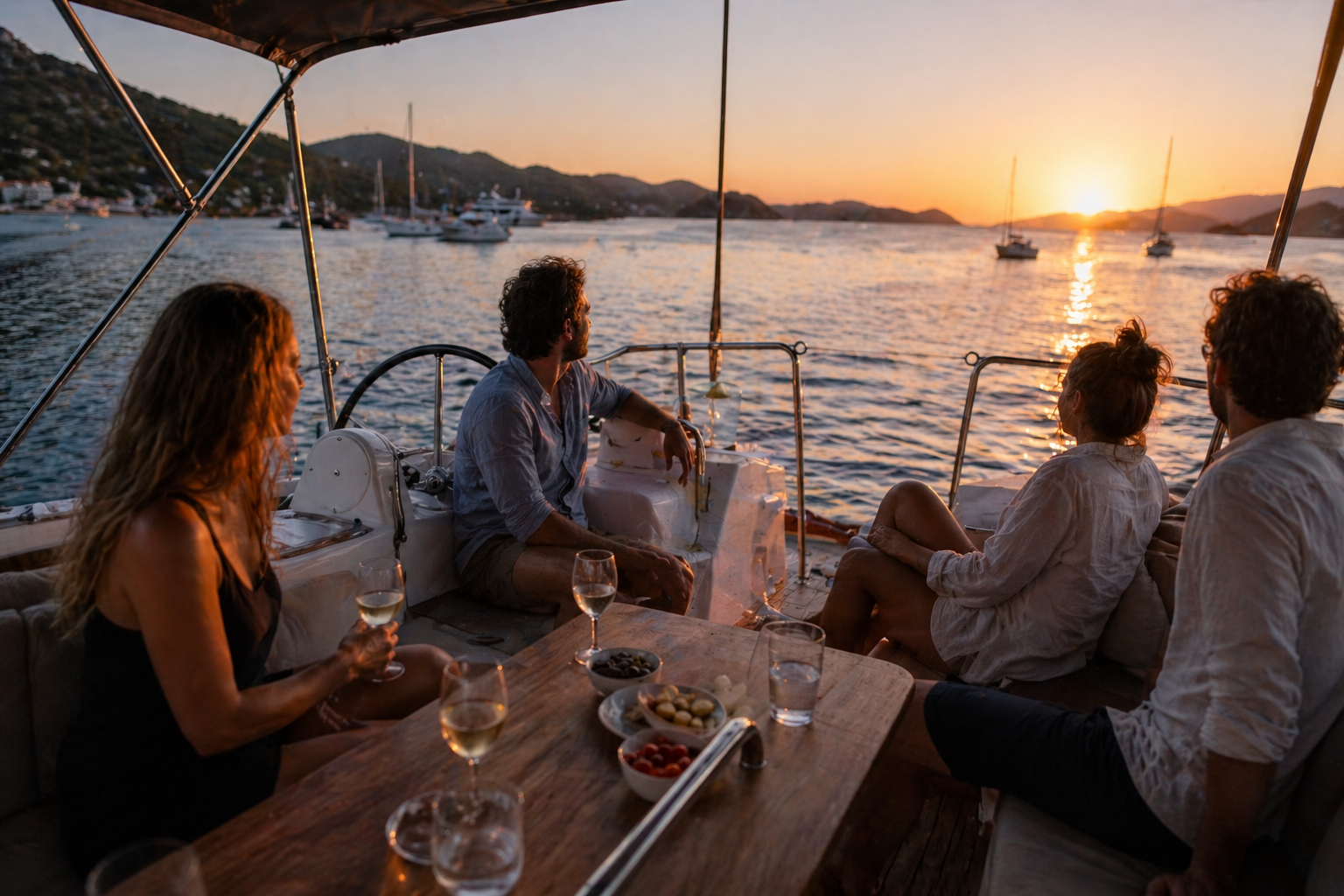 Guests relaxing in yacht cockpit during sunset in Croatia