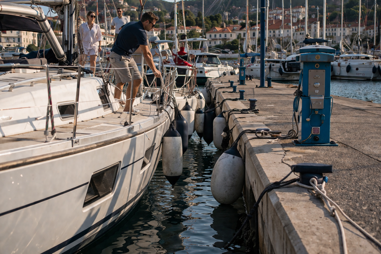 Yacht manoeuvring into a tight marina berth in Croatia