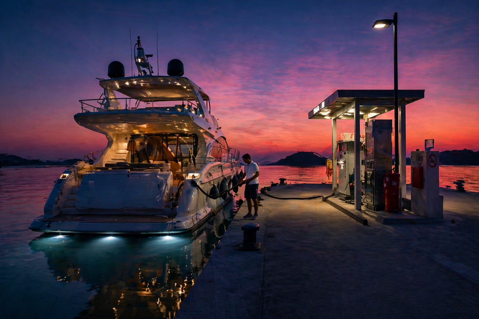 luxury yacht refueling at quiet marina fuel dock in Croatia during sunset