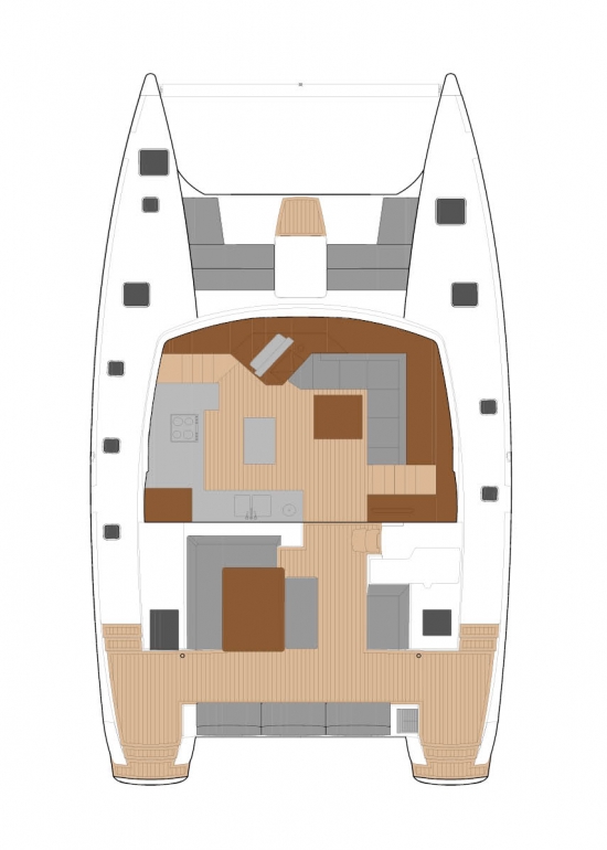 Deck layout of Good Vibrations showcasing spacious areas for relaxation and entertainment.