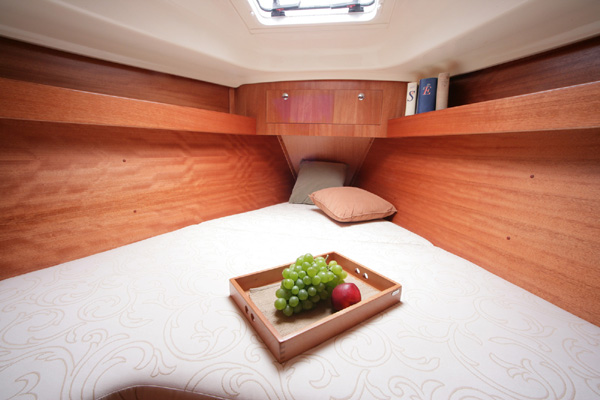 Luxurious cabin of Sea Bird featuring warm wood finishes and inviting natural light.