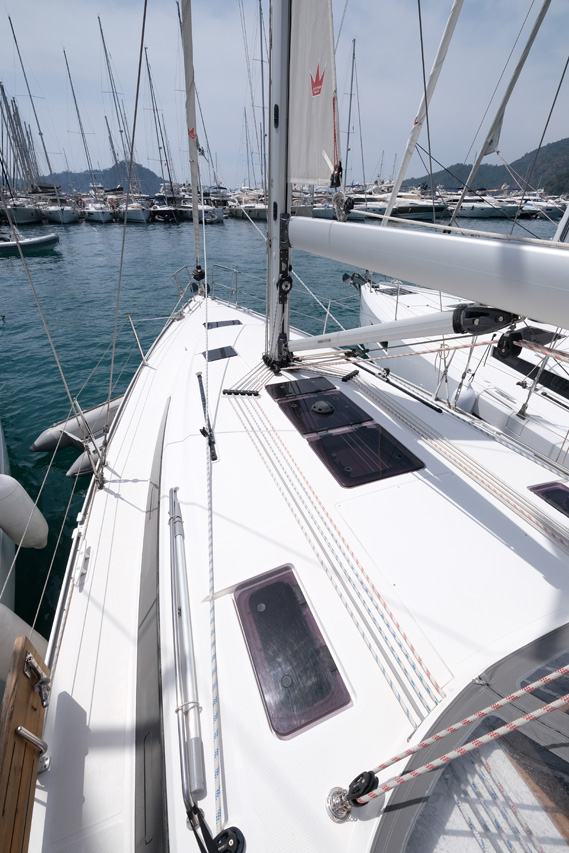 Sleek deck of Marlin 3 showcasing polished surfaces and inviting sunbathing areas.