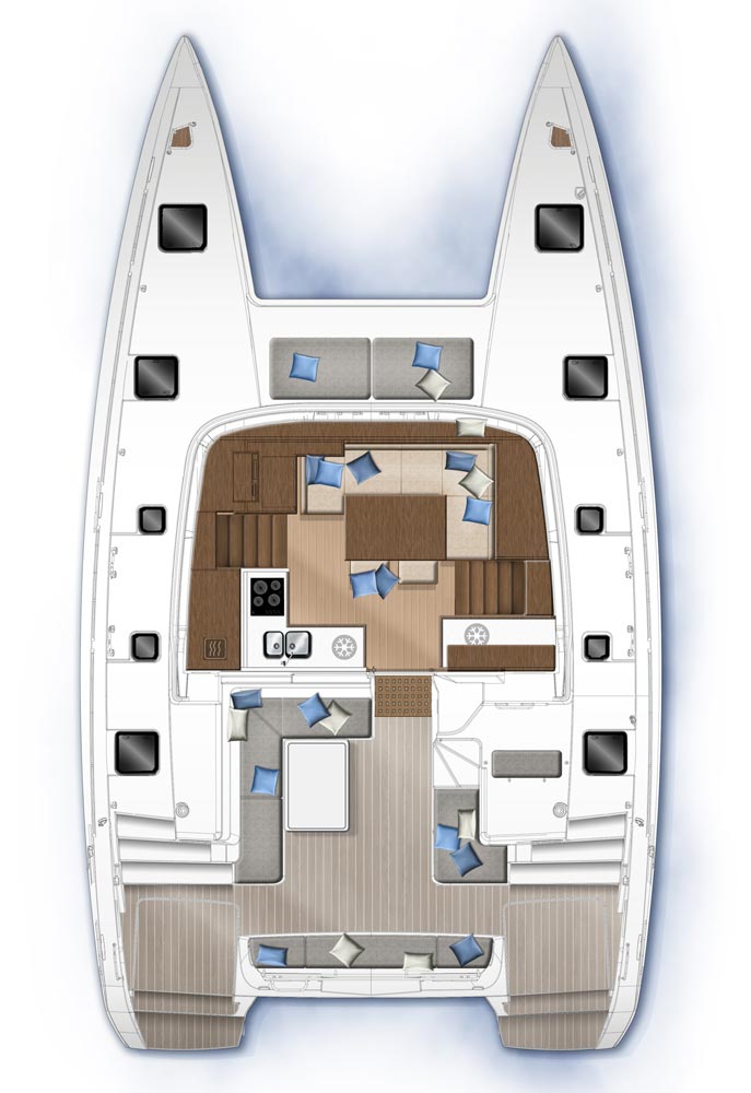 Spacious and elegantly designed deck layout of Sound of Silence, featuring luxurious seating and dining areas.
