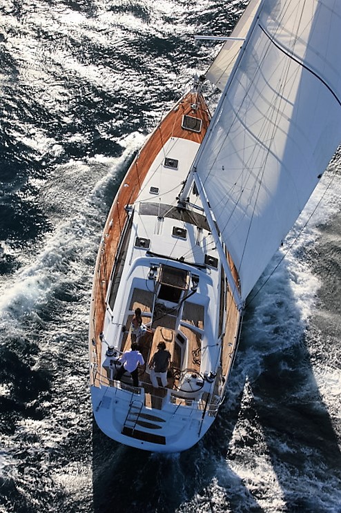 Aerial view of Aybalam showcasing its elegant lines and sailing performance on vibrant waters.