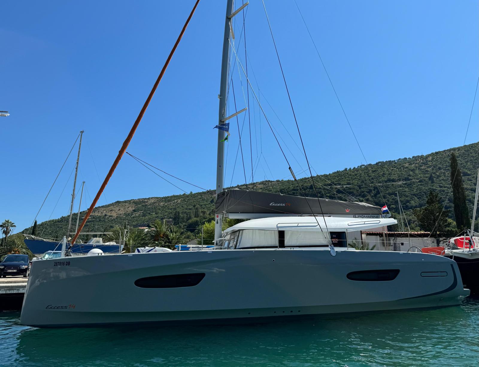 Sleek profile of yacht 14 gliding through turquoise waters, surrounded by lush greenery.