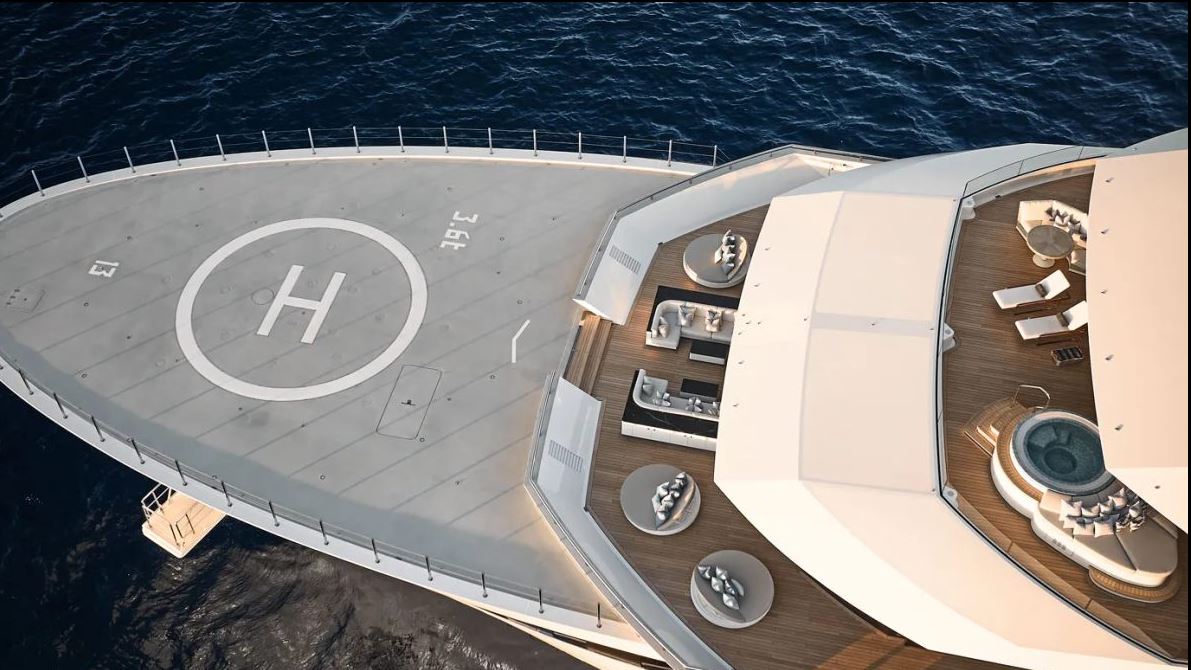 Custom Renaissance's expansive flybridge features luxurious seating and a helicopter landing pad.