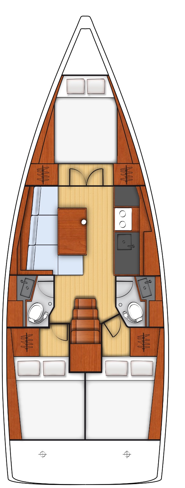 Sail Lyra's elegant interior layout features warm wood finishes and spacious living areas.