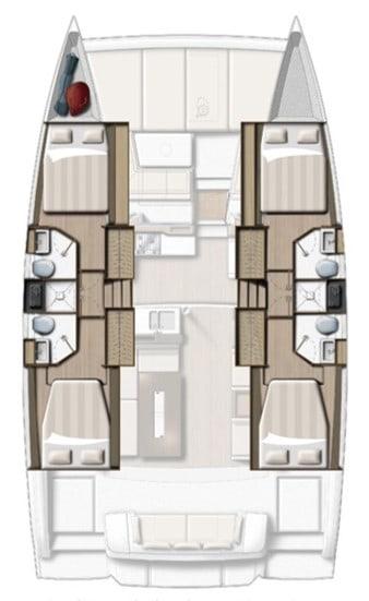Spacious layout of the Kos 42.4, featuring elegant cabins and modern amenities.