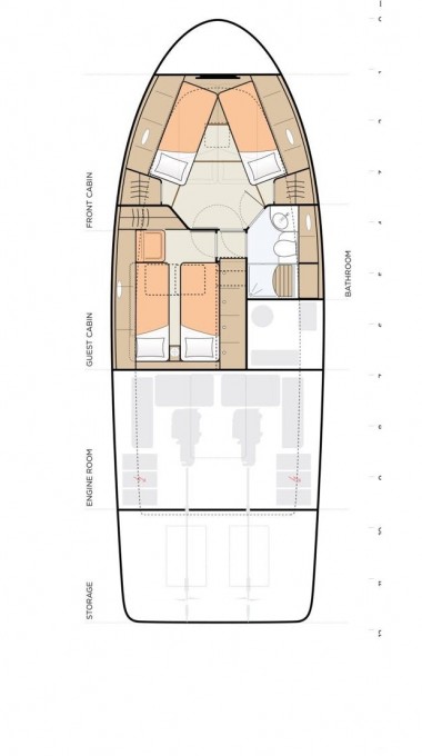 Spacious layout of D&D yacht, showcasing elegant cabins and functional living areas.