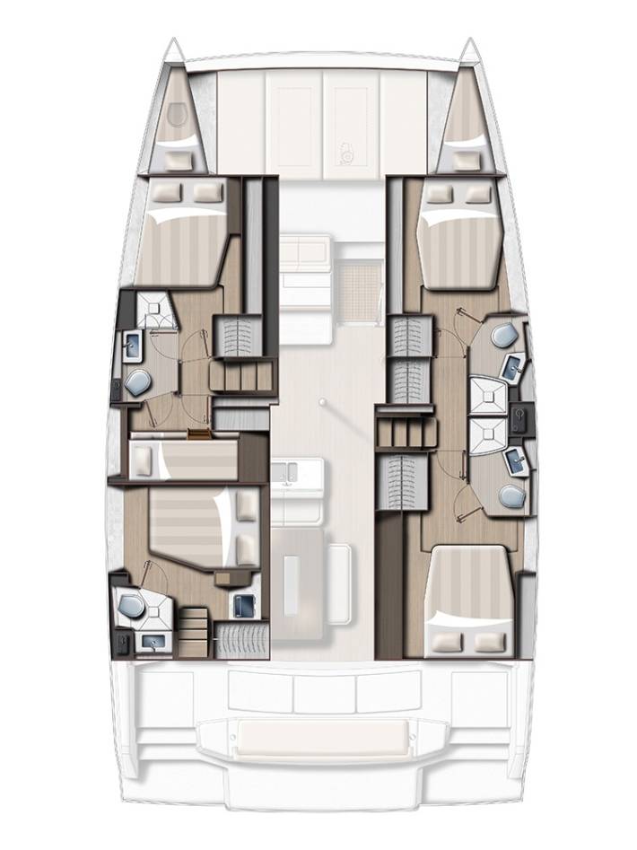 Luxurious interior layout of the Kos 46.Cat5, featuring spacious cabins and modern amenities.