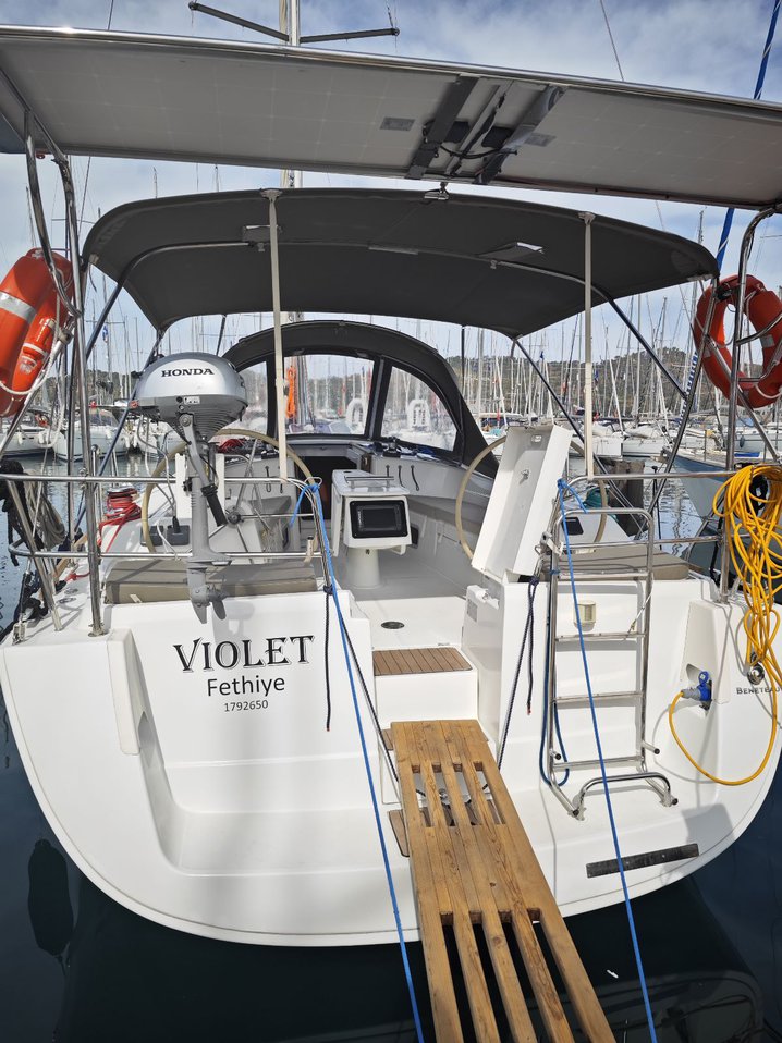 Sleek cockpit of Violet featuring modern navigation equipment and inviting seating area.