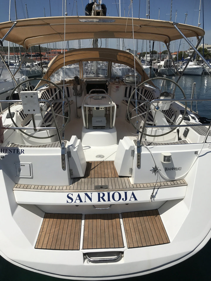Elegant rear view of San Rioja showcasing spacious deck and sophisticated design elements.
