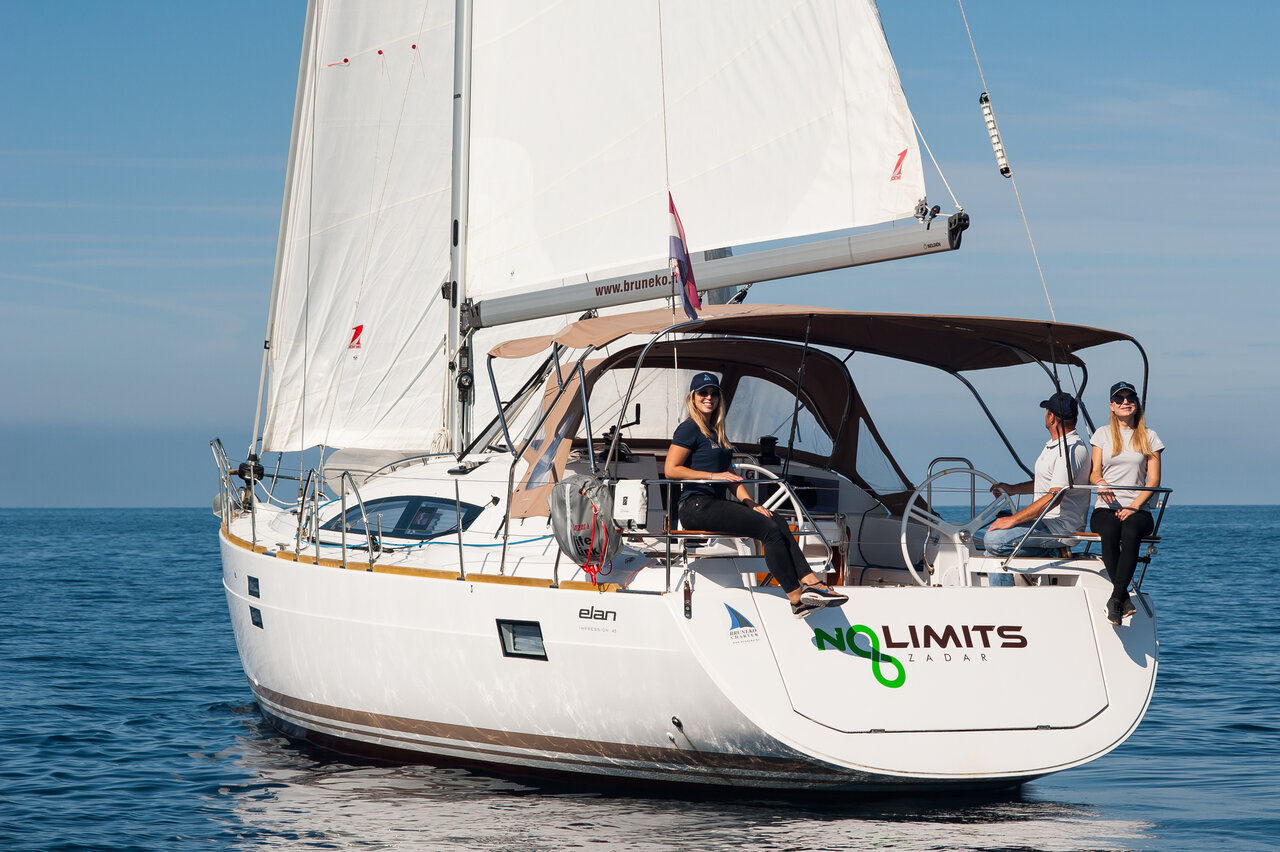 Sleek profile of No Limits sailing smoothly, showcasing elegant lines and spacious cockpit.