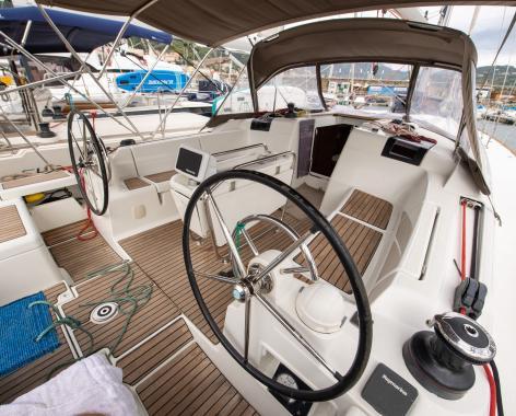 Sophisticated interior of Nashira featuring elegant helm stations and luxurious finishes.