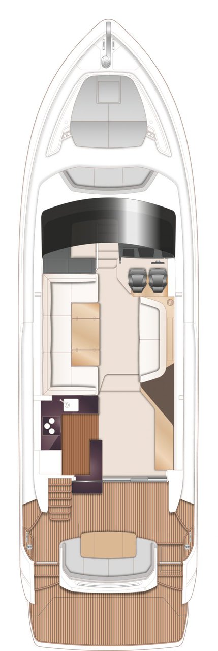 Spacious and elegantly designed interior layout of the Mayfly yacht, showcasing luxurious seating and modern finishes.