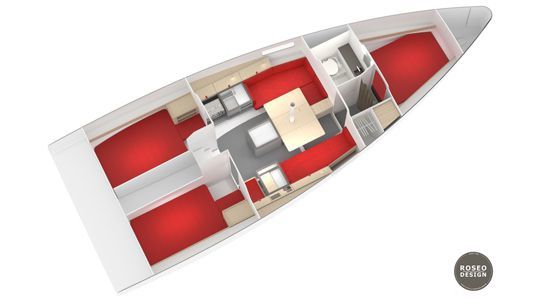Sophisticated interior layout of Windrausch featuring modern furnishings and vibrant red accents.