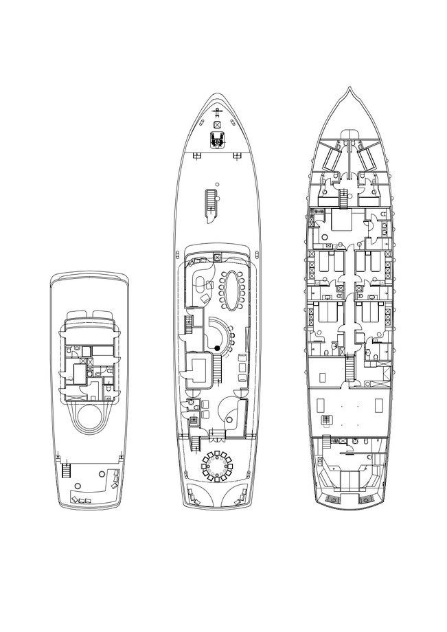 Detailed layout of Corsario, showcasing deck plans and interior arrangement for optimal luxury.
