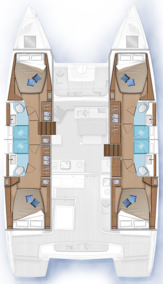 Spacious layout of Omnia's luxurious cabins, featuring elegant materials and natural light.