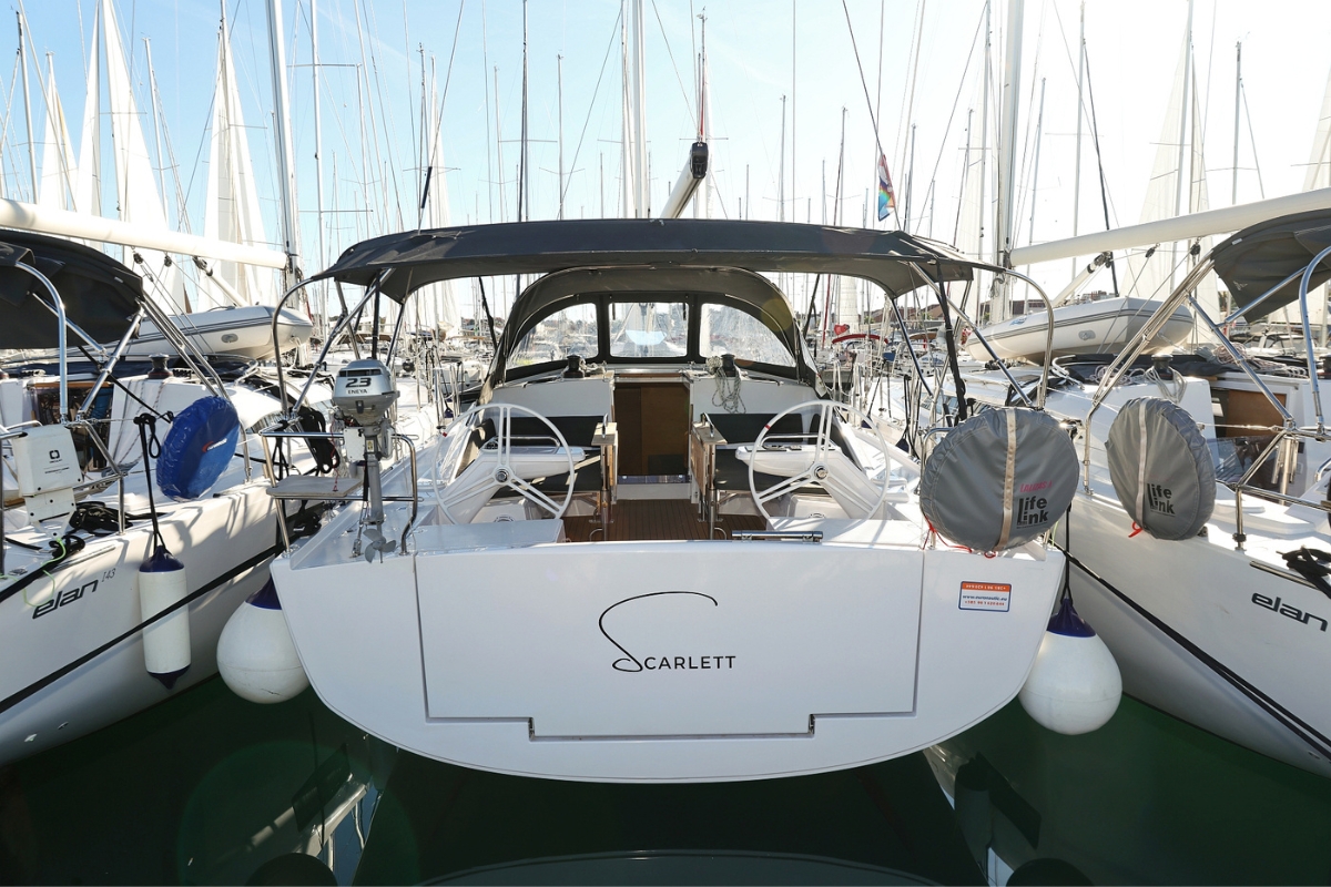 Sleek stern view of Scarlett, showcasing its elegant design and marina setting.