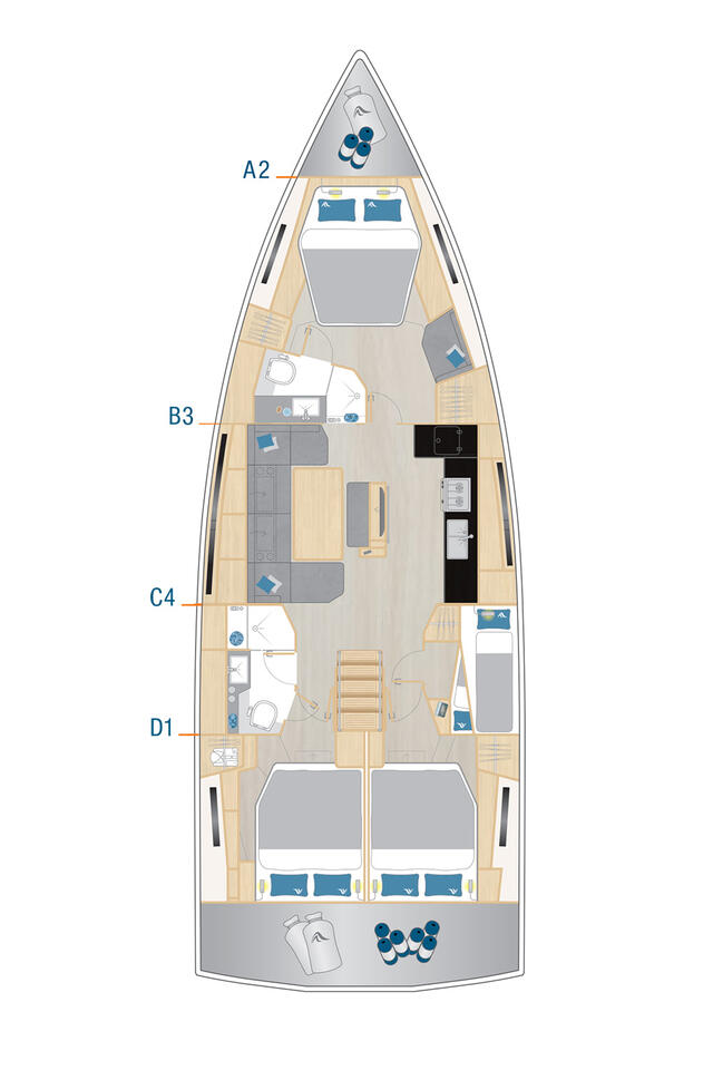 Spacious layout of Binlik Owner's yacht interior, featuring elegant furnishings and modern design.