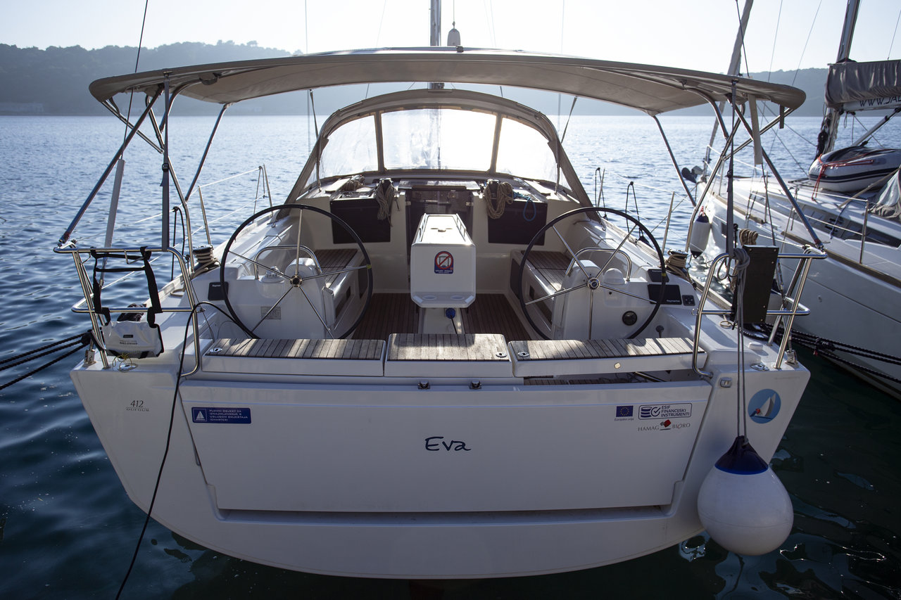 Sleek stern view of the Eva, showcasing elegant lines and luxurious outdoor seating.