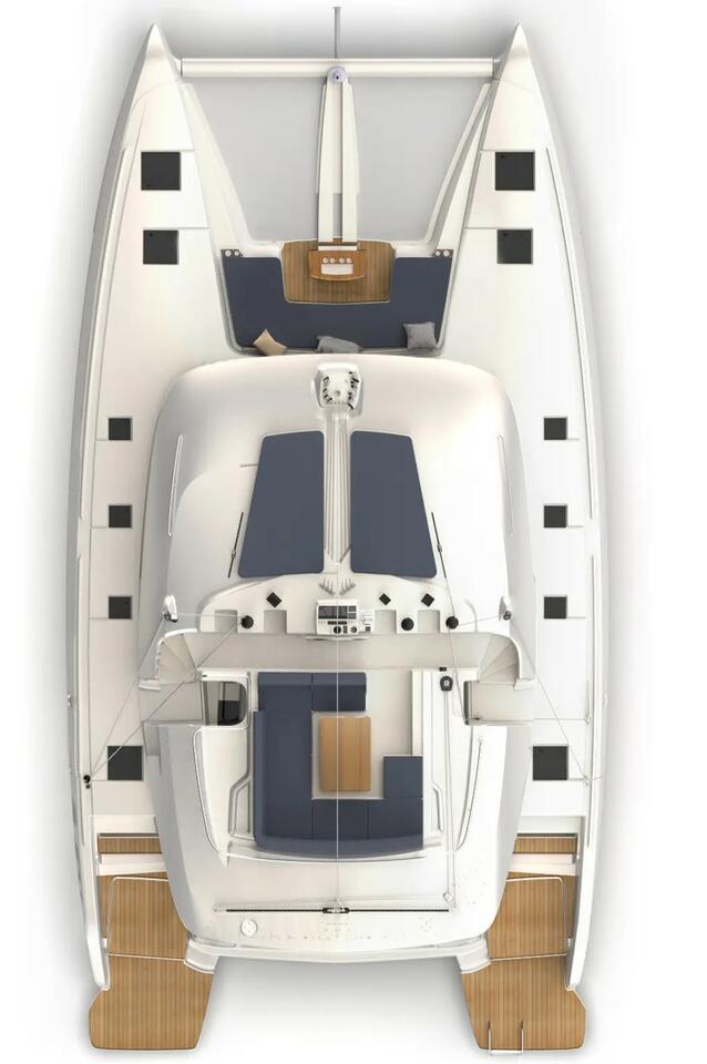 Aerial view of Deb Elli showcasing a sleek deck layout with luxurious seating areas.