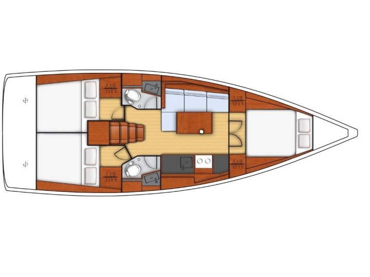 Spacious interior layout of ARSEN featuring elegant wood finishes and comfortable seating areas.