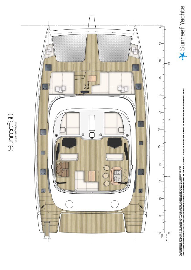 Spacious flybridge layout of Dessus featuring luxurious seating and sunbathing areas.
