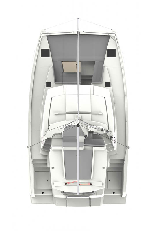 Aerial view of Bella Luna showcasing sleek lines and spacious deck layout.