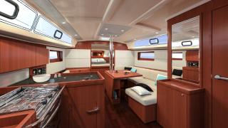 Sophisticated interior of the Theresa yacht featuring warm wood tones and modern amenities.