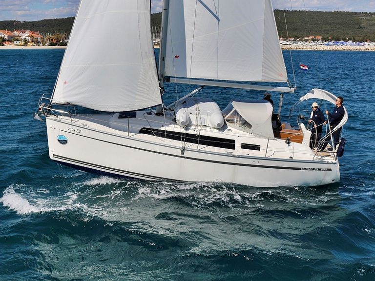 Mirella gracefully sailing through azure waters, showcasing its sleek profile and elegant sails.