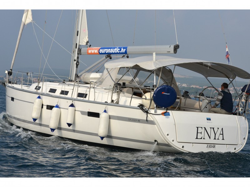 Sleek profile of the Enya sailing gracefully through azure waters, showcasing elegance and performance.