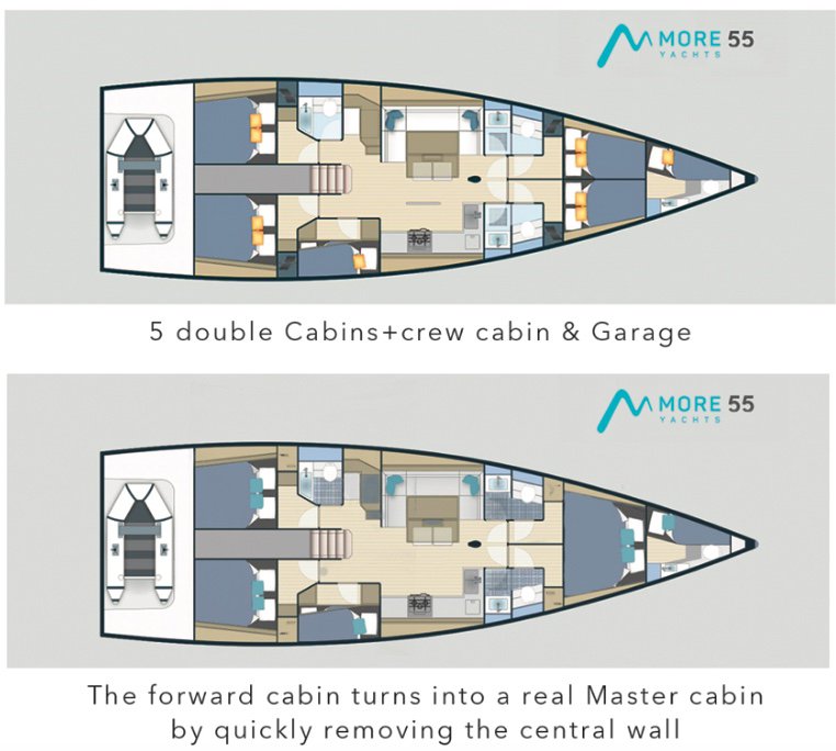 Layout of Maria showcasing five double cabins, crew cabin, garage, and convertible master cabin.