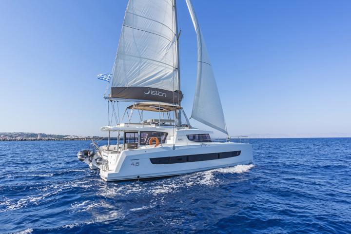 Sleek profile of Aria sailing gracefully through azure waters under clear skies.