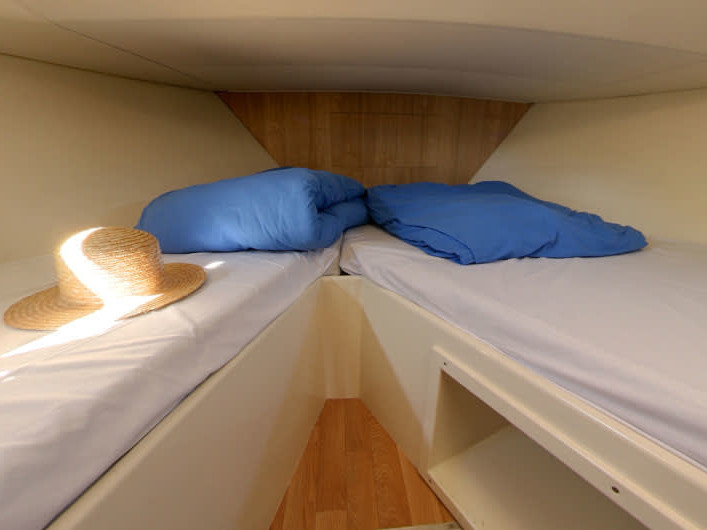 Luxurious twin cabin on Elegance - Comfort 2 featuring soft blue bedding and warm wood accents.