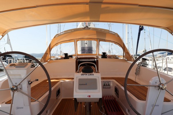 Spacious and elegant helm of Gracia, featuring modern navigation equipment and luxurious finishes.