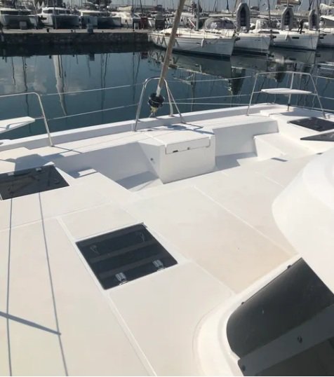 Spacious deck of Samothraki 1 featuring sleek lines and luxurious finishes.