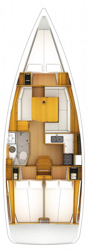 Elegant interior layout of Lioba featuring warm wood finishes and spacious dining area.
