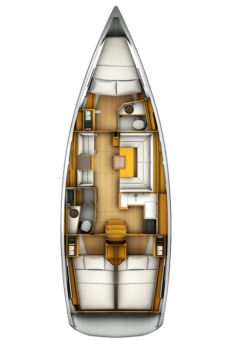 Spacious interior layout of Telchinis featuring elegant wood finishes and natural light.