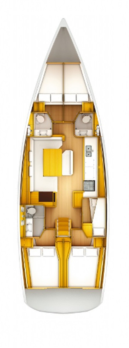 Spacious interior layout of Alf featuring modern furnishings and bright wooden accents.